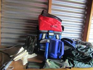 lot 116 image: Hunter lot- Tree hanger for deer, Deer aging tool kit, 2 cold bag coolers, camo rain suit size small 2 flash lights