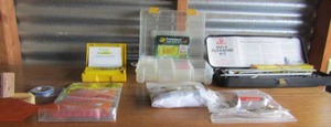 lot 117 image: 22 rifle shells, bulk patches, gun cleaning kit, poison kit, tackle box, Knight & Hale WET WILLY BOX TURKEY CALL