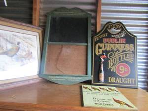 lot 118 image: Pheasant photo 21x24  BY Gary Hawk 17250,  GUINNESS 1759 Dublin wall sign 23 x16    Kentucky Wild Turkey METAL SIGN 14x11,  pub chalk board 30x18