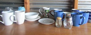 lot 124 image: Royal Norfolk white cups   3 blue Correll cups, plus many other assorted