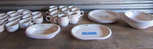 lot 149 image: Allegro Stoneware Hearthside Indonesia dishes 9  soup cups, 14 coffee cups, 2 serving plates, 3 soup bowls, 2 bread bowls, 1 serving platter