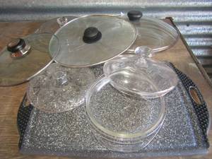lot 151 image: Misc. kitchen. Pots and pan lids black speckled cutting board
