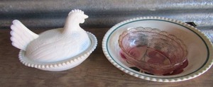 lot 156 image: Milk glass CHICKEN ON A NEST,   2 BOWLS - pink glass basket, HAND PAINTED CERAMIC BOWL