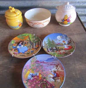 lot 158 image: Winnie the Pooh and Disney plates- 2000 Lenox Ivory Pooh bear , 3 Pooh plates for dcor, 1-149 sleeping beauty, 1-151 Snow white, 1-152 Red Riding Hood, Winnie the Pooh covered sugar dish and yellow covered dish
