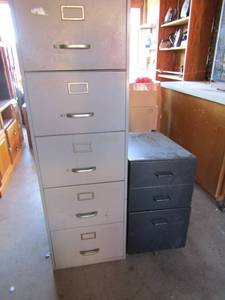 lot 161 image: Black wood file cabinet on wheels 3 drawer 27x15 x24 Gray metal heavy 5 drawer file cabinet 57x18x28