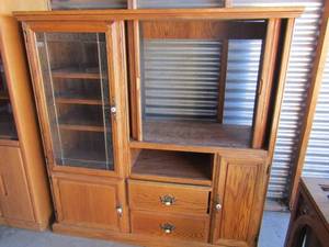 lot 163 image: TV entertainment center front closes side glass doors for storage 2 small drawers and cabinets 55x54x18