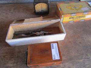 lot 179 image: MCLAN Direct meter,  wooden  Box, King Edward cigar box, Box with vintage brown handled forks and butter knives nut piKs