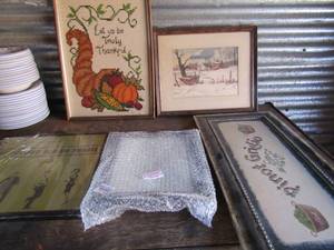 lot 180 image: Glass Big PayDay 20x10, Pinot Grigio art 23x11, CROSS STITCH CORNOCOPIA, Metal photo frame 12x11, WINTER PRIINT Snow 15x12