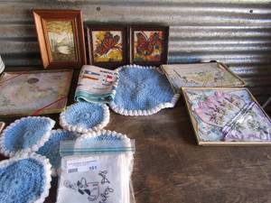 lot 181 image: Handmade blue and white crochet  dollies  4 vintage ladies handkerchiefs in original box , salty dog hankies, butterfly art