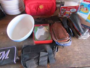 lot 183 image: 10 small black lunch bags, 2 used wrist wraps, NEW Fisher Price toddler pool float Mueller  sport coldhot wrap