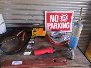lot 198 image: small level, no parking sign, DeWalt air filter #DC5001H 2 step step ladder small extension cord and more