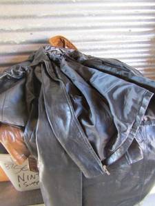lot 201 image: Golden state leather coat womens size 42, Brandon Thomas large full length black leather coat, Preston York XL black leather coat