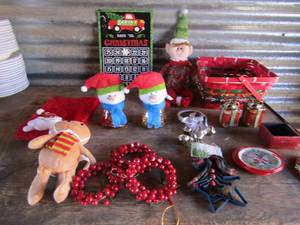 lot 202 image: Assorted sets of Christmas lights unknown working order, count down board, snowman, santa table runner bells and coasters