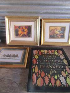 lot 203 image: Art lot- 5 angry ducks 11x9, angel 12x10, angel 13x11, Thankful 15x12
