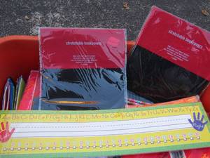 lot 220 image: School supplies- folders, binders, pencil boxes etc.