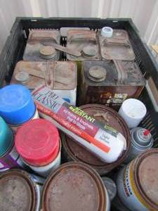 lot 227 image: Black tub of assorted paints, spray paints and thinner