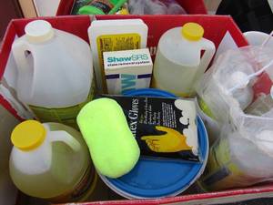 lot 301 image: Box of lemon scented ammonia household cleaner, chemical free whip it household cleaner 1 used 2 new bottles