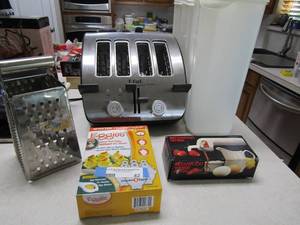 lot 42 image: 4 slot Tfal Avante high speed toaster 3 bread loaf holders NIB hard boil eggie without shell Kenwood whisk
