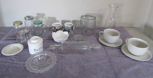 lot 47 image: Glass rolling pin, 2 lg. soup cups on saucers, covered butterfish and more