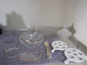 lot 51 image: Covered candy dish, square covered dish, 2 lg. glass bowls white glass egg holders