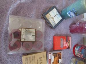 lot 55 image: Candles, scentsy wax, candle holders and coasters