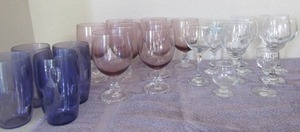 lot 66 image: Glass lot 8 purple glass wine glass, 4 plastic purple cups, assorted wine glasses