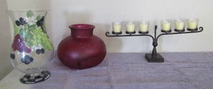 lot 67 image: Tabletop 6 candle candelabra  12 hand painted vase 8x10 dark red vase