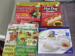 lot 68 image: Debbie Myer green bags and bread bags Progressive dough press set NIB, Rapid ramen cooker NEW Rapid hot dog cooker