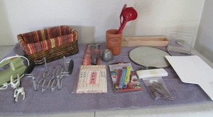 lot 77 image: Wicker basket, GE mixer, white cutting board, chop sticks, grill lighter and more