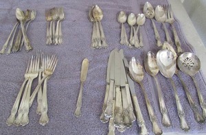 lot 80 image: OLD COMPANY PLATE 55 piece set W Serving pieces included engraves with letter A