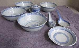 lot 83 image: Blue & white dishes bowls, spoons, ladle,  COVERED Tea Cup