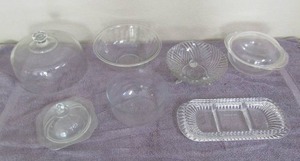 lot 87 image: Glass cake cover, covered dish, 3 tier serving tray footed fruit bowl