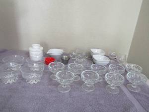 lot 96 image: Butter bell, 4 parfait cups 9 pudding cups, dip cups, sauce bowls, mini wine glasses