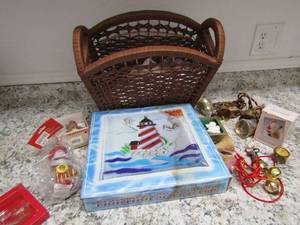 lot 163 image: Christmas light house platter NIB wicker basket full of ornaments bells and more