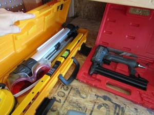 lot 188 image: Johnson level and tool kit NIB  Craftsman air nail gun in case