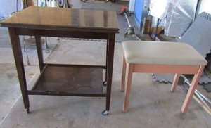 lot 206 image: Brown rolling table  serving cart  bar. 2 tier and 19 stool with padded seat