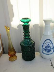 lot 224 image: Vases- blue sail boat, orange slender swung vase and green glass ringed bottle