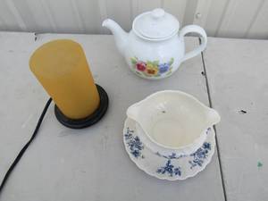 lot 226 image: Small table lamp with orange glass globe, Myott England staffordshire ware Gravy boat, and Corning ware teapot