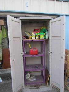 lot 245 image: Outdoor storage bin double front doors- 71x31x21  WITH CONTENTS