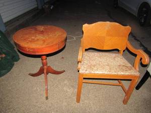 lot 252 image: Vintage chair w marquetry back panel and upholstered wide seat  31x25x17 Federal oval claw foot drum table 27x20