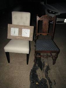 lot 253 image: White high back Parsons chair wicker clocktemp gauge  Oak side chair upholstered seat