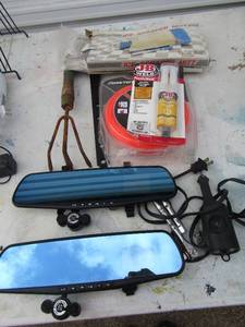 lot 263 image: 2 rearview mirrors with  cameras, weed eater string ice scraper and JB weld