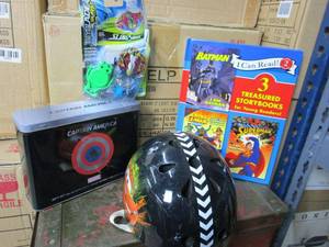 lot 27 image: BEYBLADE SLINGSHOT TOY IN PACKAGING, SUPERHERO BOOK, CAPTAIN AMERICA TIN, KIDS HELMET WITH CARS MOVIE CHARACTERS