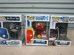 lot 33 image: 3 PHUNKO POP FIGURES, CAPTAIN AMERICA, HUMAN TORCH & BATMAN. ALL APPEAR TO HAVE BEEN OPENED