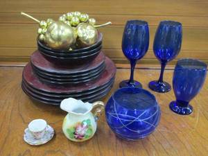 lot 42 image: PLATES & BOWLS SET, COBALT WINE GLASSES & DECORATIVE BOWL, PLASTIC FRUIT, SMALL TEAPOT & CUP