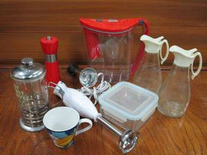 lot 47 image: BRITA WATER PITCHER, SALT GRINDER, OSTER ELECTRIC MIXER, GLASSLOCK CONTAINER, MISONO MUG, SYRUP DISPENSERS