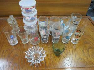 lot 49 image: VARIETY OF GLASS CUPS, GLASS STORAGE CONTAINERS, DISH AND ANGEL