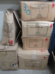lot 58 image: 6 VARIOUS LIGHT FIXTURES IN ORIGINAL BOXES, MULTIPLE SYLES & SIZES, 1 BOX HAS DAMAGE