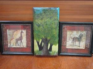 lot 63 image: TIN PICTURE OR GIRAFFE & ZEBRA EACH W MAP IN BACKGROUND, PAINTING OF A TREE BY ANDREA FRIEDELL