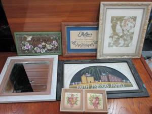 lot 64 image: 2 JOINED OIL PAINTINGS OF FLOWERS, GOLD LEAF PICTURE OF WOMAN, MIRROR, FLORAL STAINED GLASS, FRAMED STITCHED PHRASE, TIN PICTURE OF BARN